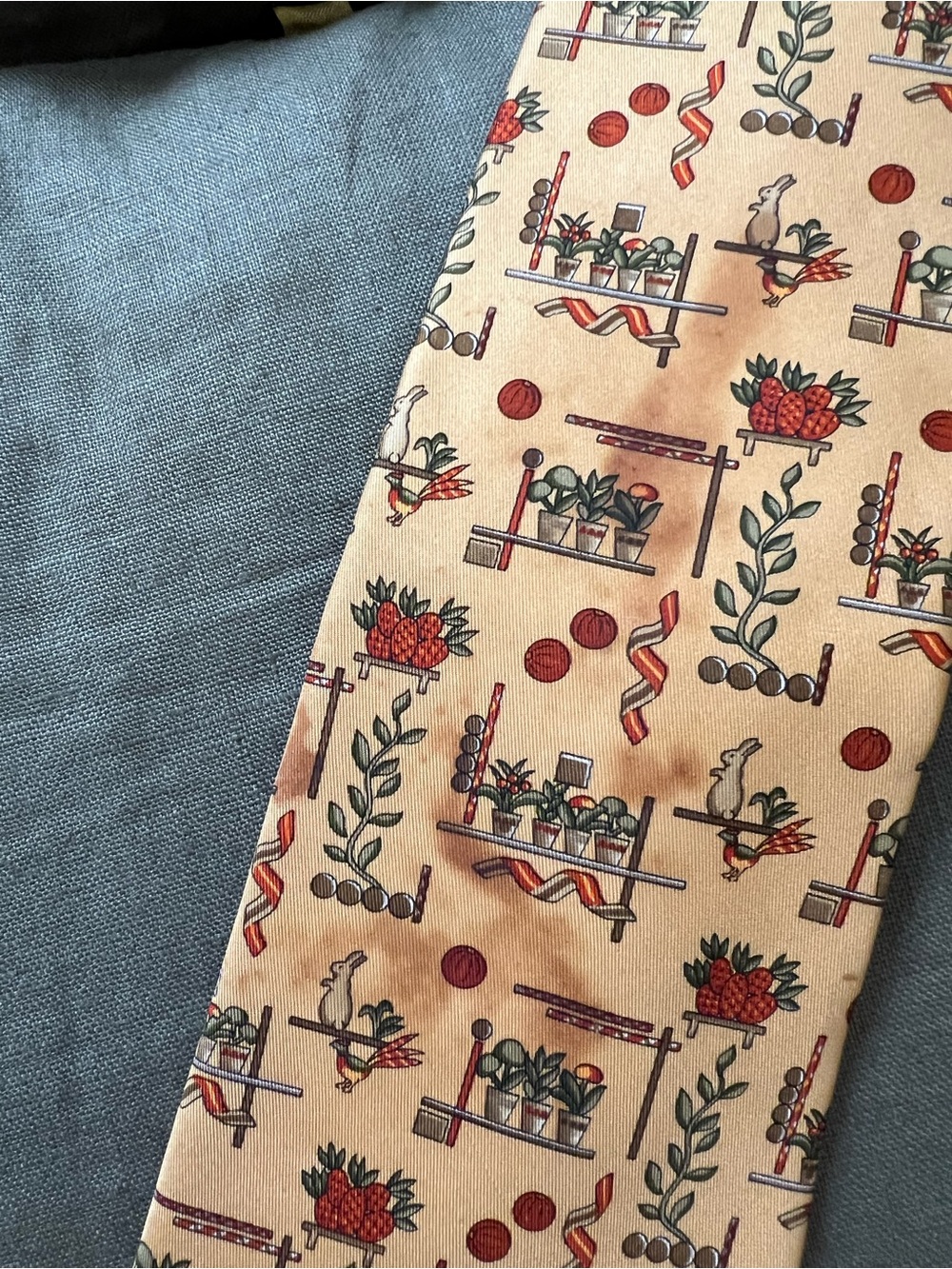 Salvatore Ferragamo Beige Silk Tie with Red and Green Botanical Motifs